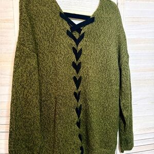 Elegant Olive V-Neck Sweater with Black Detailing